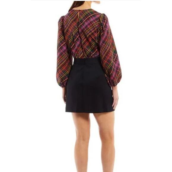 LDT NEW $199 Ivonne Plaid 3/4 Puff Sleeve Mini‎ Dress Black Multi Size 10 - Picture 2 of 6